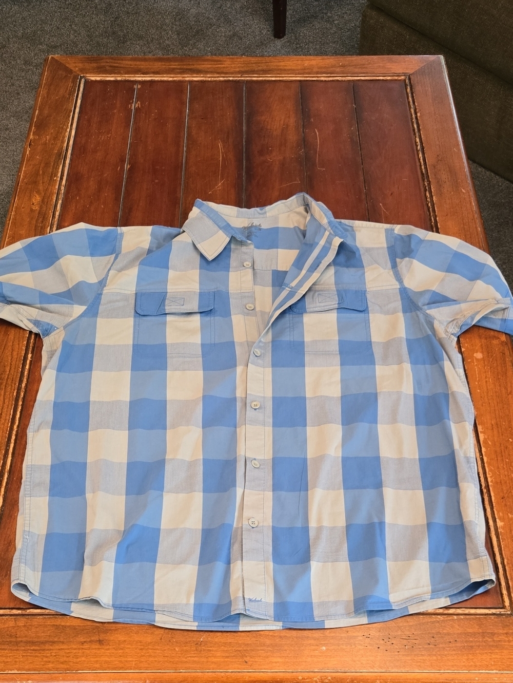 Woolrich Blue and White Check Short Sleeve Button-Up Shirt